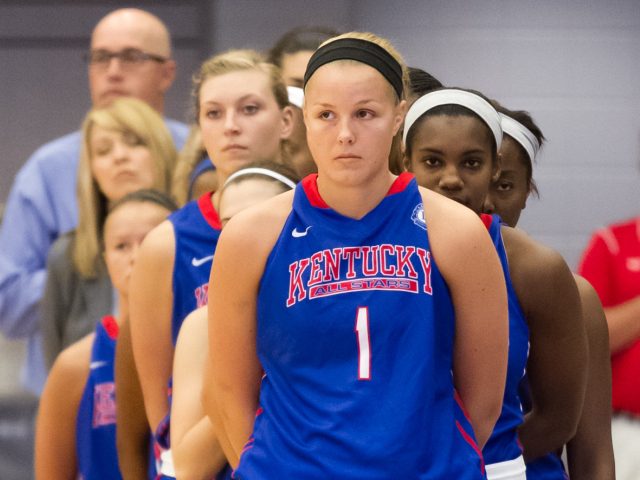 The Indiana girls shot their way to an 83-70 victory over Kentucky on June 13, 2014 in the All-Star Classic at Transylvania University's Clive Beck Center. Ballard's Javonna Layfield posted 18 points, six rebounds and three steals and Butler's Danielle Lawrence had 13 points, three assists and three steals for Kentucky. Kentucky Miss Basketball Ivy Brown of LaRue County had 10 points and eight rebounds. All photos by Walter Cornett.