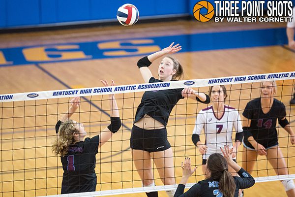 Assumption vs Mercy, 2018 KHSAA State Volleyball Championship Finals. Louisville, Kentucky. Photo by Walter Cornett of Three Point Shots for the KHSAA.